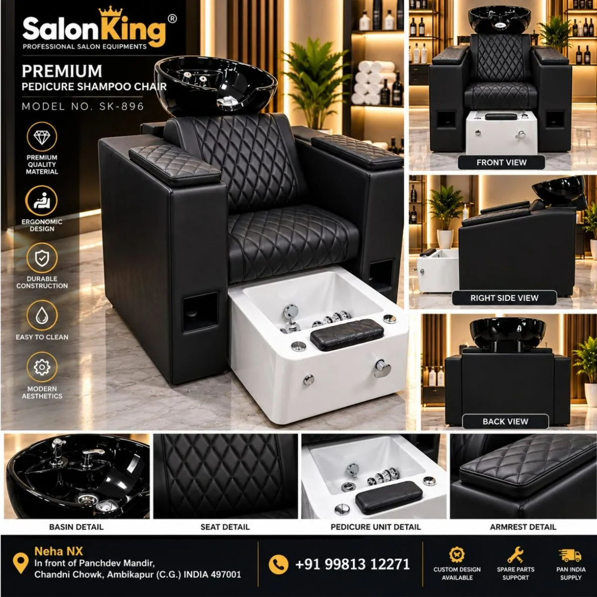 Manicure Pedicure Chair with Shampoo Station in Black